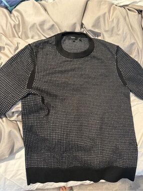 Theory Black and Gray Grid Knit Crewneck Sweater